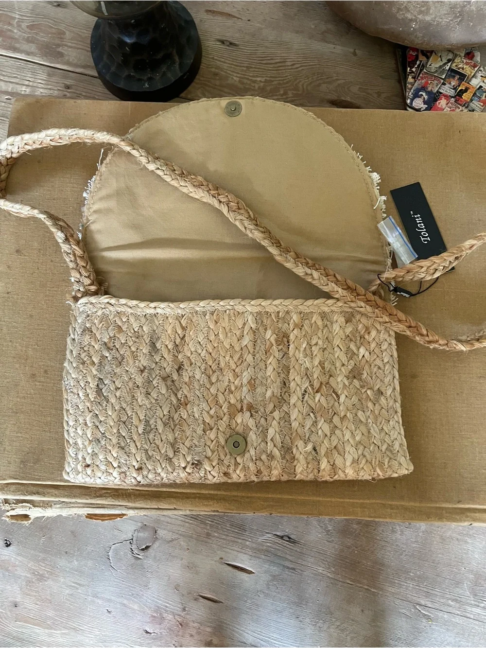 Tolani Natural Straw Clutch with Cream Embroidered Fringe Flap